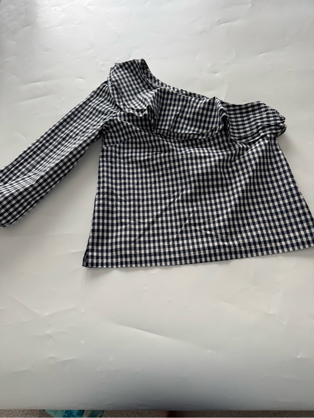 J. Crew One-Shoulder Gingham Tunic in Navy and White